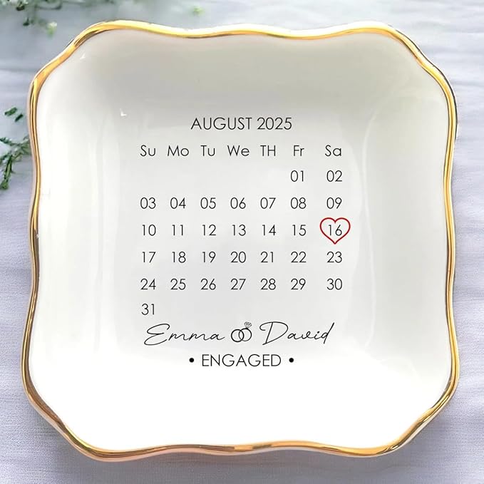 Custom Date Calendar Ring Dish Engagement Gift, Announcement Engaged Trinker Holder, Jewelry Tray Gifts for Newly Engaged Couple, Anniversary Wedding Gift for Her Bride Friend
