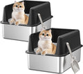 2PACK Stainless Steel Cat Litter Box with Lid,19.7” L x 13.8” W x 11.8”H Deep,Large Metal Litter Box with High Side,for Small and Large Cats,Anti-Leakage Non-Sticky Include Litter Scoop