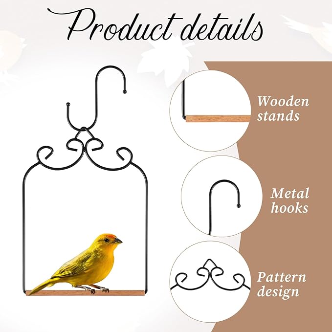 2 Pack Hummingbird Swings and Perches, Metal Frame Bird Swing with 2 Replacement Wooden Dowels and Iron S Hooks, Black Bird Swing for Hanging Indoor, Outdoor, Trunk, Lawn, Patio, Garden(Black)