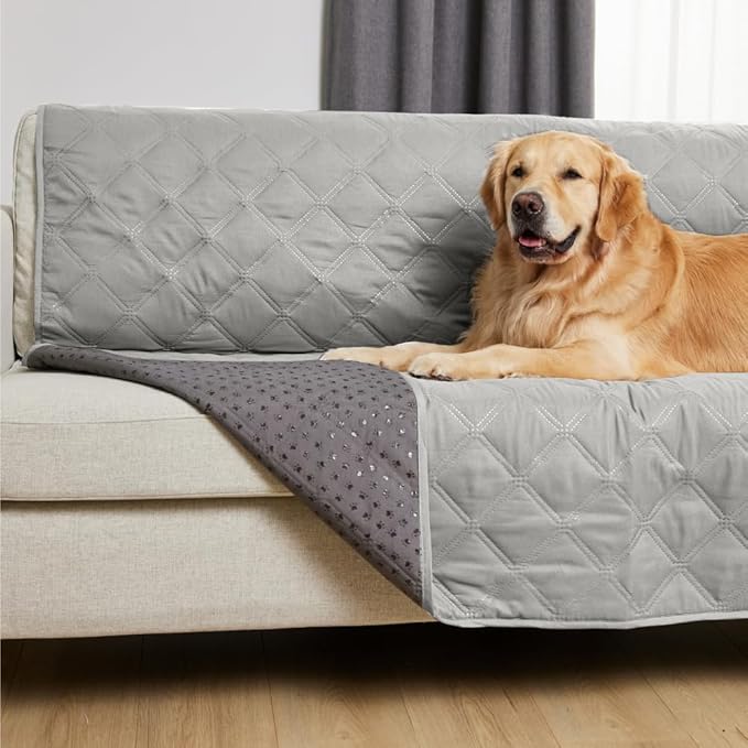 GORILLA GRIP Waterproof Bed Cover for Dogs, 82x52, Gripped Slip Resistant Backing, Leak Proof Washable Dog Blanket Covers Sofa, Couch, Sectional, Crate, Car, RV Seats, Pet Puppy Essentials, Light Gray