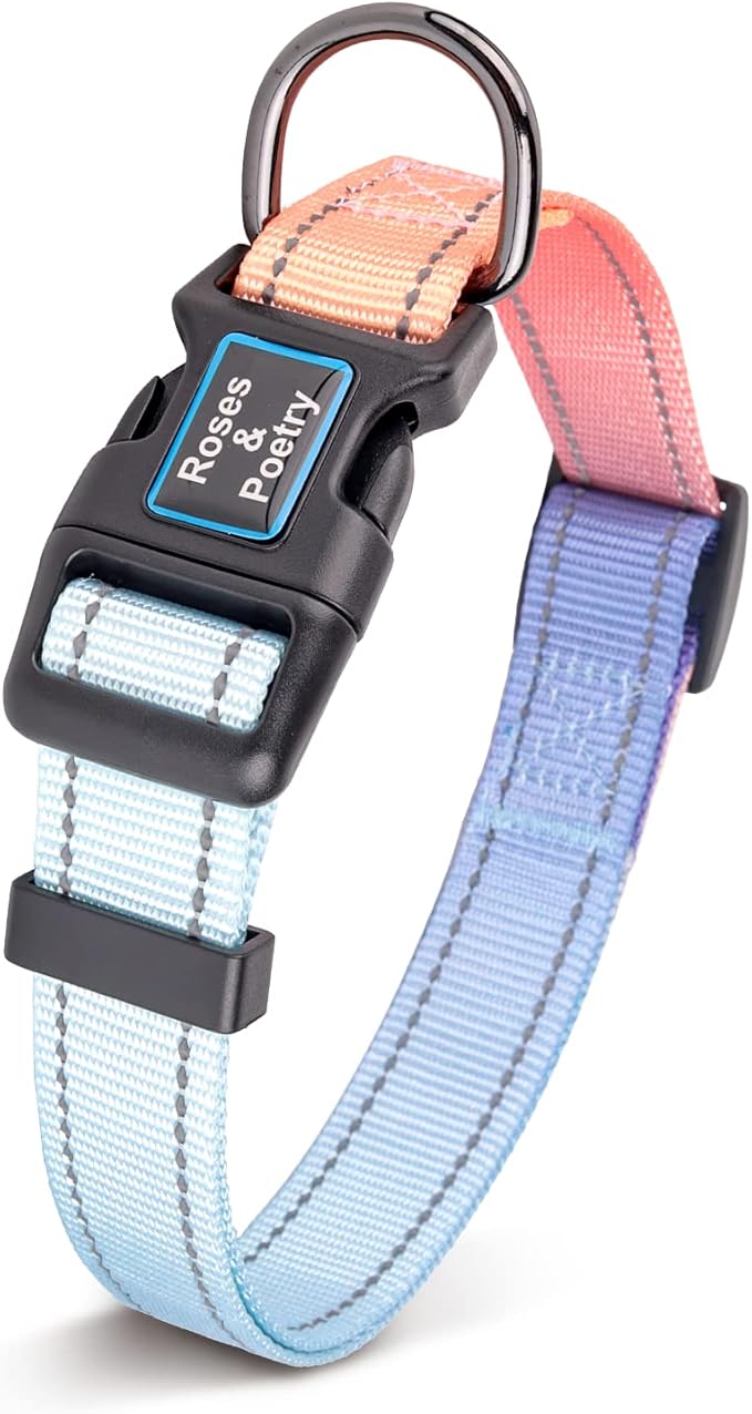 Roses&Poetry Reflective Dog Collar with Gradient Azure, Adjustable Durable Pet Collars for Small Medium Large Dogs (Azure-L)