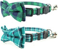 Pipidog Cat Collar Breakaway with Bell and Bow Tie, Plaid Design Adjustable Safety Kitty Kitten Collars(6.8-10.8in) (Green&Cyan Plaid)