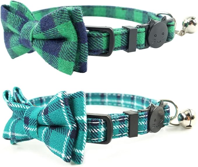 Pipidog Cat Collar Breakaway with Bell and Bow Tie, Plaid Design Adjustable Safety Kitty Kitten Collars(6.8-10.8in) (Green&Cyan Plaid)