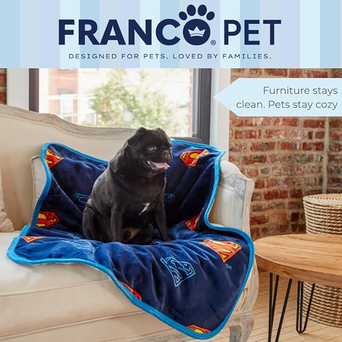 Franco Pet Superman DC Comics Super Soft Cozy Waterproof Sherpa-Backed Blanket Throw for Small Dogs, Couch/Bed/Car, 30x40 (Officially Licensed Product)