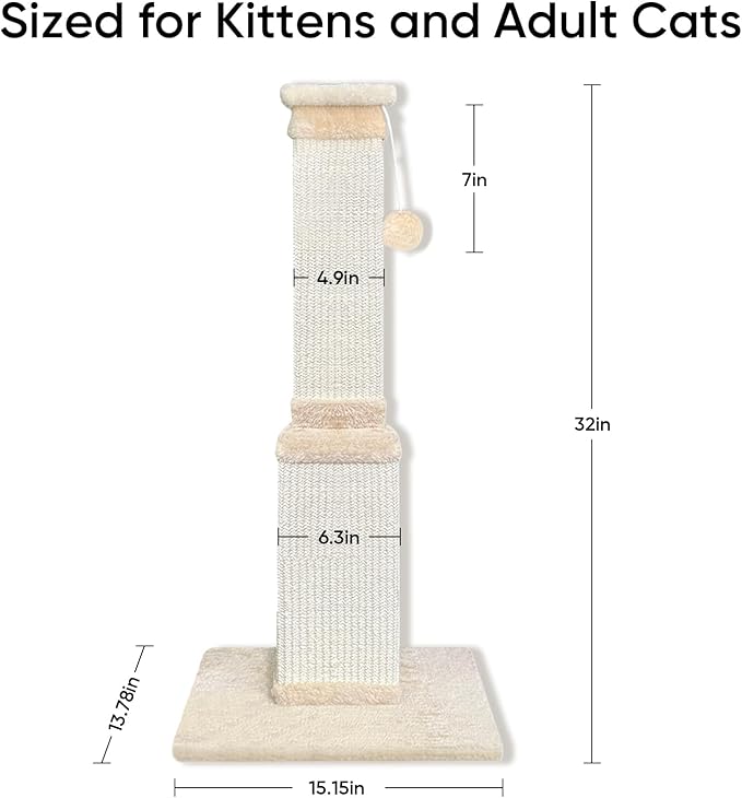 AGYM Cat Scratching Post for Large Cats, Cat Scratcher for Indoor Cats Adults, Sturdy Sisal Scratch Post to Protect Furniture, 32 Inch, Beige
