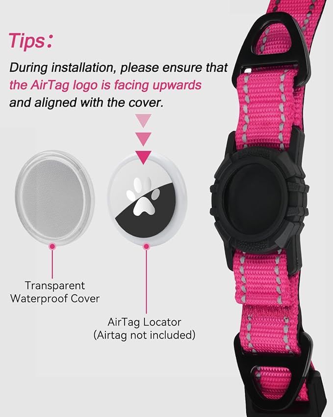 Joytale Airtag Dog Collar, Reflective Pet Collar with Waterproof AirTag Holder, Dual D-Rings, Soft Padded Adjustable for Small Dogs, Hotpink, S