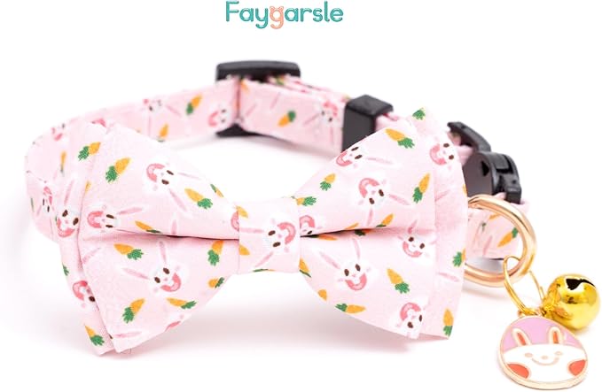 Faygarsle 2 Pack Easter Day Cat Collar Cute Rabbit Easter Eggs Printed Collar with Bow tie Breakaway Pink Beige Cat Collar for Boy Girl Cats