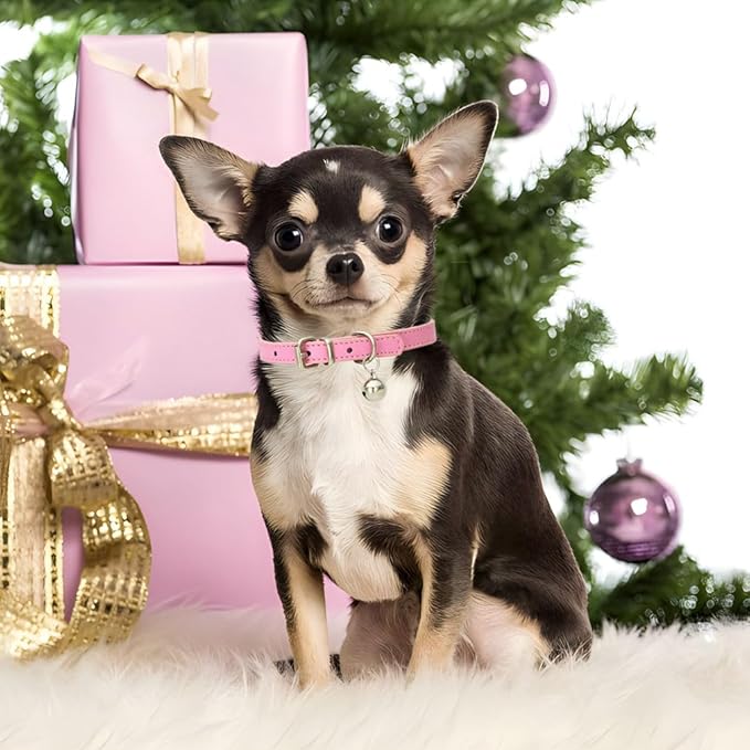 Pink XS Dog Collar with Bell, Soft Pu Leather Cat Collars Adjustable Buckle for XXS Extra Small Medium Tiny Female Girl Pets Puppy Kitten Teacup Yorkie X-Small