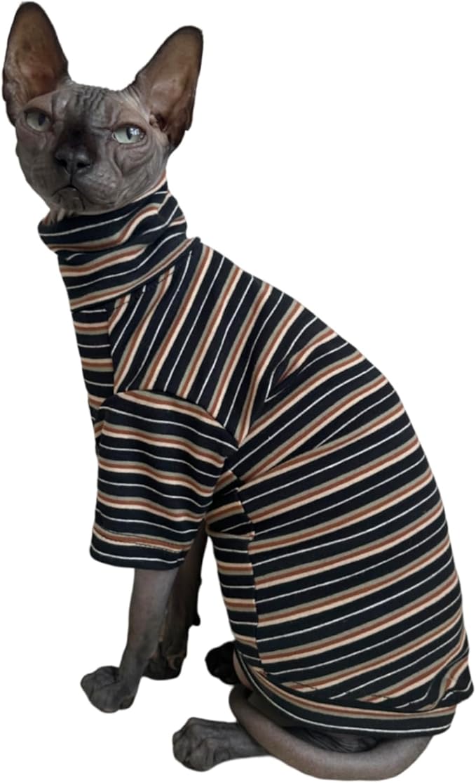 Vintage Stripes Sphynx Hairless Cats Shirt Cotton Cat Turtleneck Pet Clothes Kitten T-Shirts with Sleeves for Sphynx Cats (Vintage Black, Small)