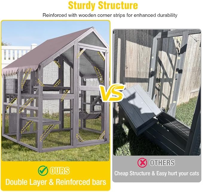 Aivituvin Cat House Outdoor Catio Kitty Enclosure with Super Large Enter Door,Wooden Cat Cage Condo Indoor Playpen with Platforms,Small House 74 Inch