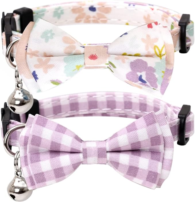 2 Pack/Set Cat Collar Breakaway with Cute Bow Tie and Bell Plaid Flower for Kitty Adjustable Safety