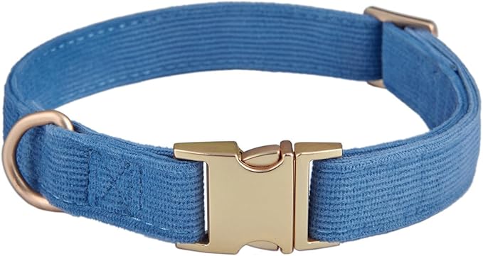 Soft Cotton Dog Collar with Metal Buckle Adjustable Heavy Duty Comfy Corduroy Collars for Small Medium Large Dogs,Blue,Large