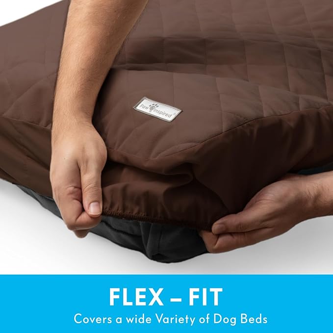 Paw Inspired Waterproof Fitted Cover for Dog Bed | Washable Bed Protector for Dog Mattress | Removable Replacement Cover for Medium to Large Pet Bed (Dark Brown, 36 x 27 x 5 Inch)