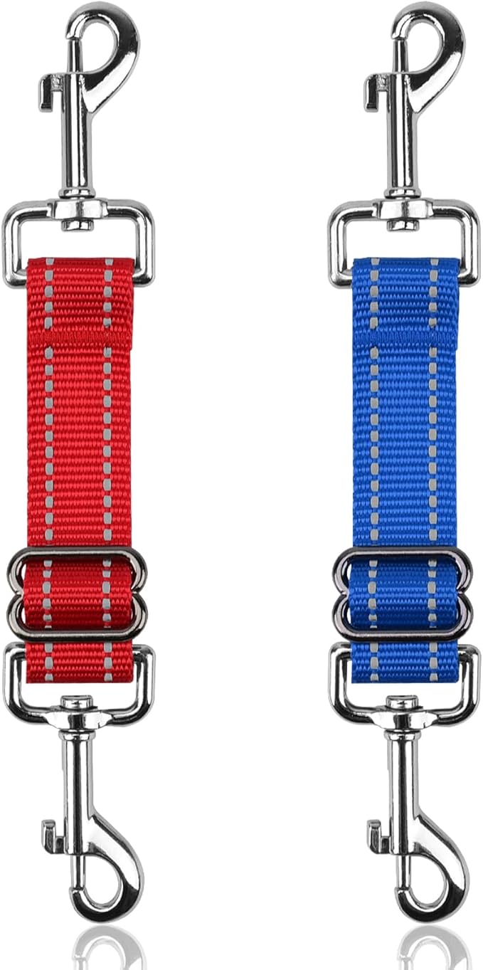 YUEPET Dog Safety Collar Clips 2 Pack Adjustable Prong Collar Backup Clips Reflective Double Ended Backup Clasp Leash Connector for Dog Harness to Collar Safety Clip(Red+Blue)