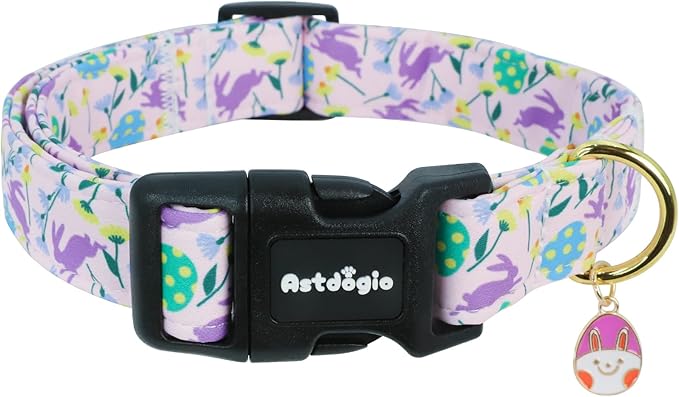Easter Dog Collar, Spring Easter Egg Print Dog Collar with Purple Rabbit, Adjustable Cotton Puppy Collars Girl Boy Collar for Small Medium Large Dogs -S