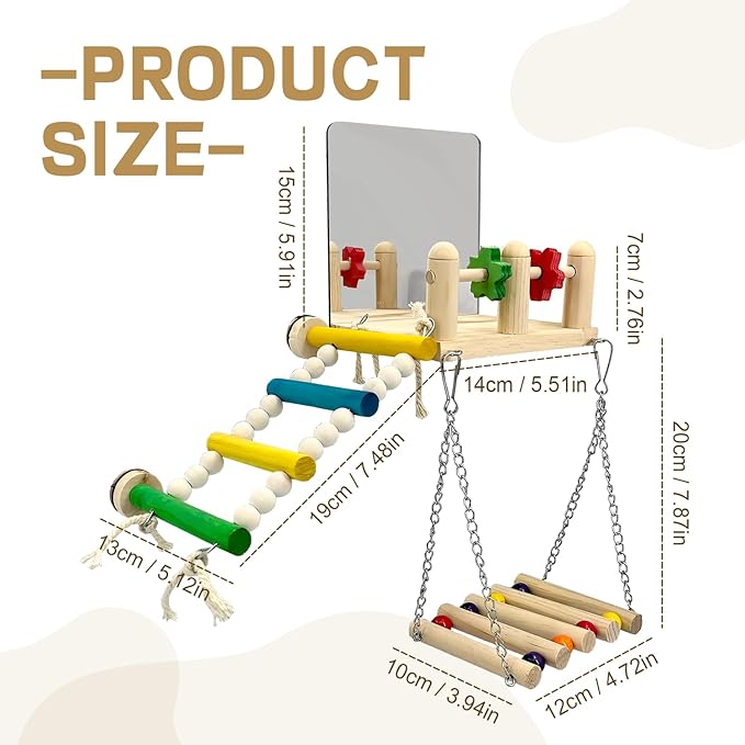 Bird Toys & Wooden Play Gym with Bird Mirror - Parakeet Toys & Cage Accessories for Cockatiels, Lovebirds, Budgies, Finch, Canaries