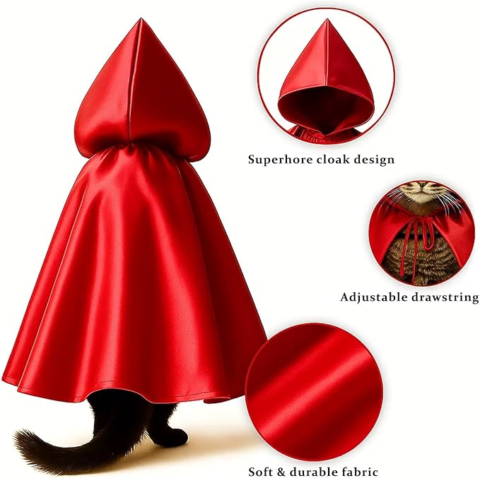 Red Cat Cloak with Hood for Indoor Cats, Funny Superhero Cosplay Halloween Costume for Pets, Cute Cape for Party Photos and Dress-Up – Big/Middle Size