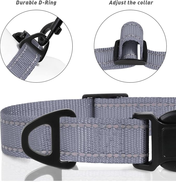 TagME Reflective Nylon Dog Collars, Adjustable Classic Pet Collar with Quick Release Buckle for Large Dogs, Grey, 1.0" Width