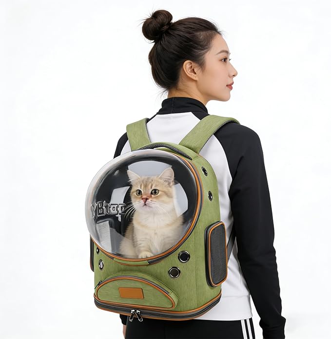 Cat Backpack Carrier, Breathable Cat Carrier Large Space Bubble Pet Backpack for Small Dog and Large cat up to 18lbs, Transparent & Foldable Pet Carrier for Travel Hiking (Green)