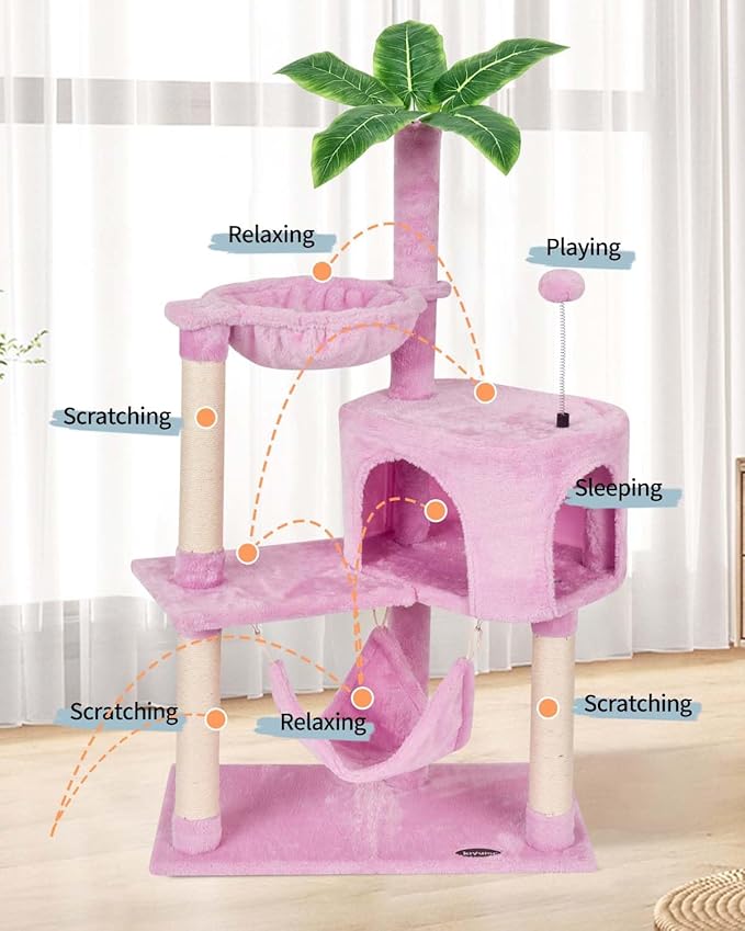 KIYUMI Cat Tree Cat Tower Condo with Sisal Scratching Post for Indoor Cats Tree Furniture with Hammock Perch and Kitten Ball Toys, Multi-Level Pet Activity Center Pink