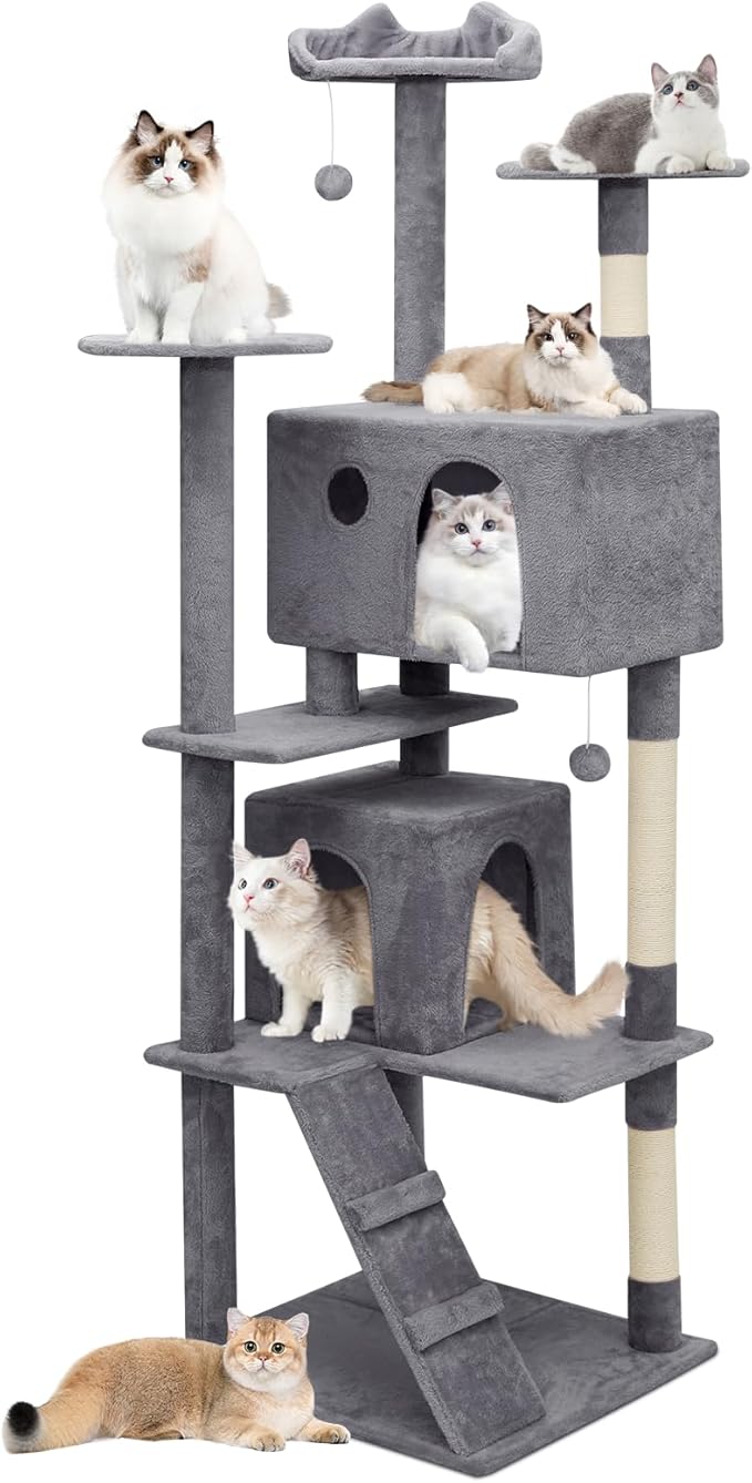 Athena Collection Cat Tree, 77 Inch Cat Tower for Indoor Cats, Multi-Level Cat Tree Tower Activity Center with 2 Cat Condo & Cat Scratching Post & Dangling Ball, Tall Cat Tree, Smoky Gray