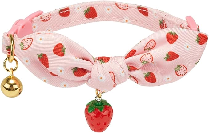 2 Pack Cotton Cat Collar, Removable Bowtie, Floral Pattern, Safety Breakaway Clasp, Adjustable for Cats.(Adult Cat, Bee+Strawberry)