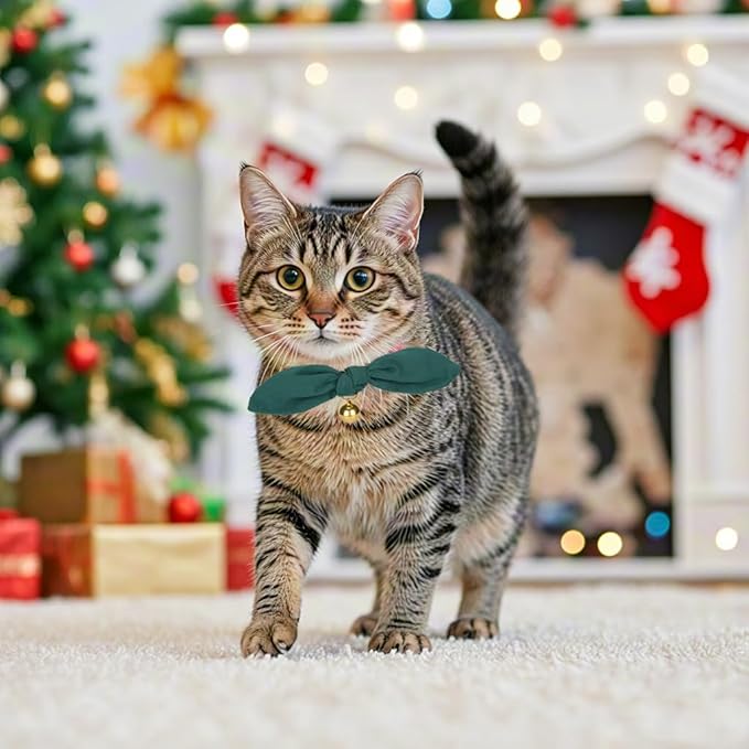 Bunny Ear Cat Collar with Bell and Bow Tie, Breakaway Cute Bowtie Kitten Collars(Dark Green)