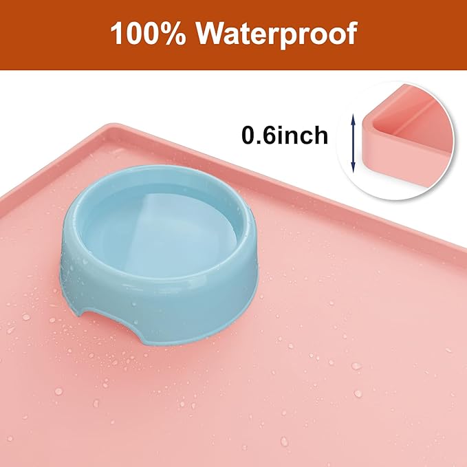 Extra Thick Silicone Mat Waterproof with Raised Edge 19” x 12”, BPA Free Non-Slip Dog & Cat Food Mat, Feeding Mat for Food and Water Bowls, Spill Proof Mat to Protect Floors, Pink