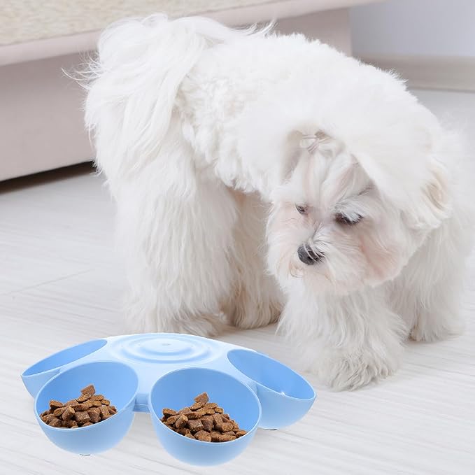 GLEAVI Multiple Pet Feeder Bowl with Compartments, Plastic Pet Food and Treats Dispenser for Dogs and Cats, Blue Indoor Puppy and Kitten Feeding Dish for Home Use