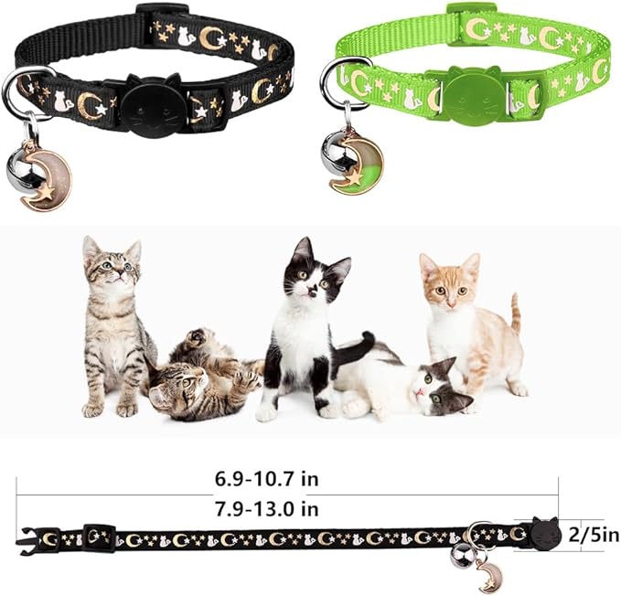 2PCS Breakaway Cat Collars with Bell Cute Kitty Glow in The Dark Adjustable Kitten Collars 7.9-13.0 Inch(Green&Black)