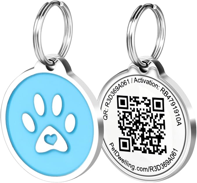 Pet Dwelling QR Code Pet ID Tag – Smart Dog & Cat ID Tags for Pet Safety, Free Personalized Online Profile, Instant Scan Alerts, AI Insights (Summer Blue Paw)