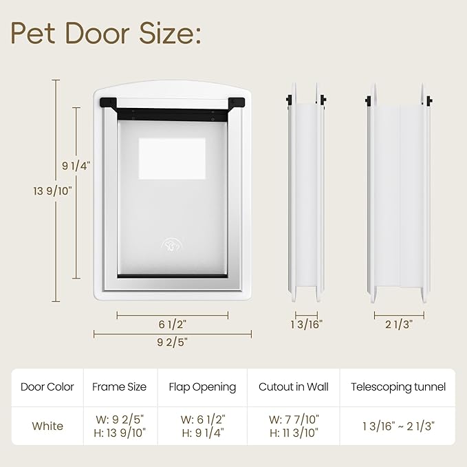 MAVRICFLEX Cat Door for Door, All-Stainless Steel Frame Cat Door with Double Soft Flaps and 2 Sliding ABS Panels for Doors, Easy to Install, Perfect for Cats and Small Dogs Under 15 LBS, White