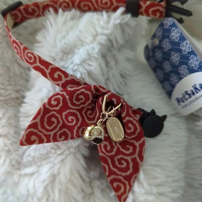 PetSoKoo Bunny Ears Cat Collar, Japan Lucky ‘開三運’ Charm. Safety Breakaway Bowtie Kitten Collar with Bell, Light Blue