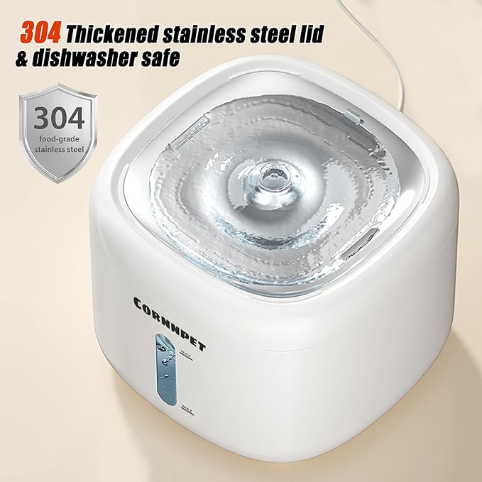 Cat Water Fountain 2.2L with 3 Filters and 1 Mat, Dual Flow Modes Dog Water Fountain with Ultra Silent and Auto Stopping for Small Kitty Cats and Dogs - White