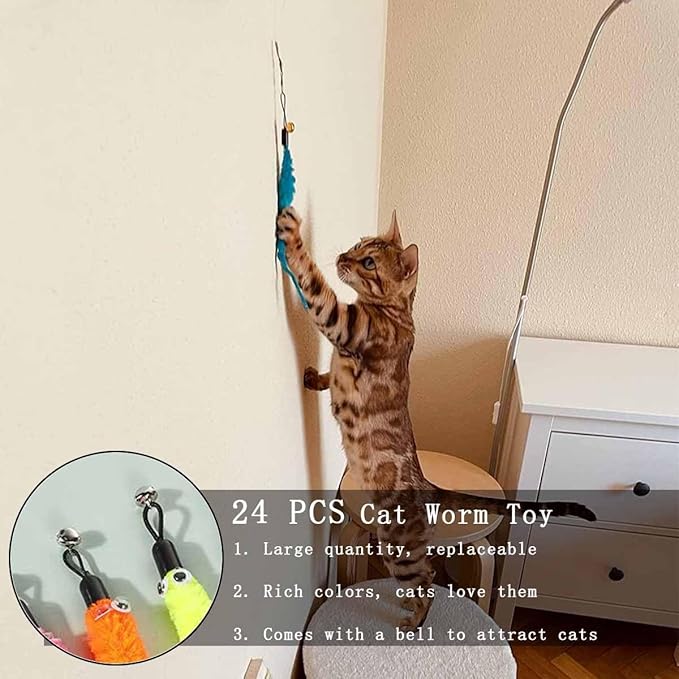 24 PCS Cat Worm Toy Replacement Teaser with Bell Refills Indoor Cat's Interactive Wand and Catch Wand Soft Squiggly Worm Teaser Refills Attachment Interactive Catch Toy Accessories （6 Color）