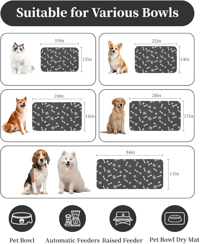 MontVoo Dog Food Mat-Pet Feeding Mat for Food and Water-No Stains Quick Dry Dispenser Cat Bowl Mat for Messy Drinkers(17"x28", Dark Grey)