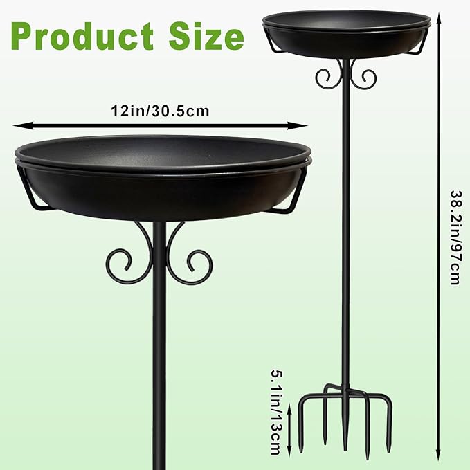 38In Freestanding Bird Bath for Outside, Detachable Birdbaths with Metal Stake, Bird Bath Feeder Bowl for Outdoors Garden Patio Yard Lawn,Sturdy Upgraded 5 Pronged Base (Black)