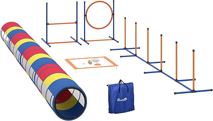 PawHut Dog Agility Training Equipment, 12-Piece Dog Obstacle Course with Adjustable Hurdle & Ring, 4 Tunnels, Weave Poles, Pause Box, Treat Bag, Bowl and Carrying Bag for Indoor Outdoor Use