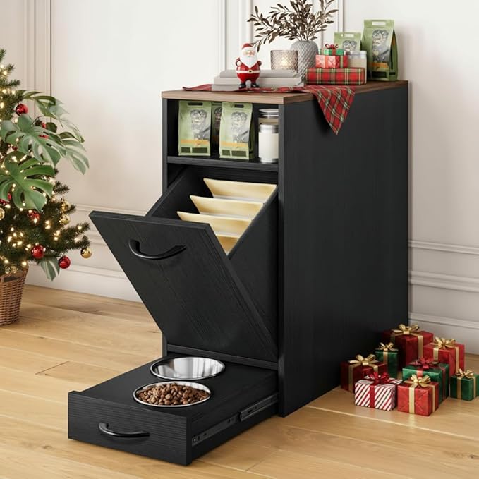 DWVO Dog Feeding Station with Storage, Dog Food Cabinet with 2 Feeder Bowls, Pull Out Elevated Dogs Bowl, Black