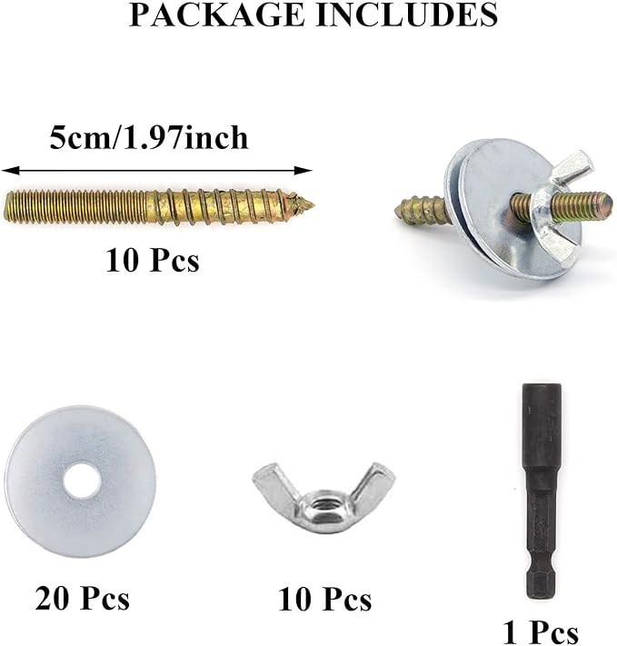 Bird Cage Hardware - 10 Sets of Screws, Washers, Wing Nuts & Drill Tool for Fixing Perch, Food Bowls & Breeding Box