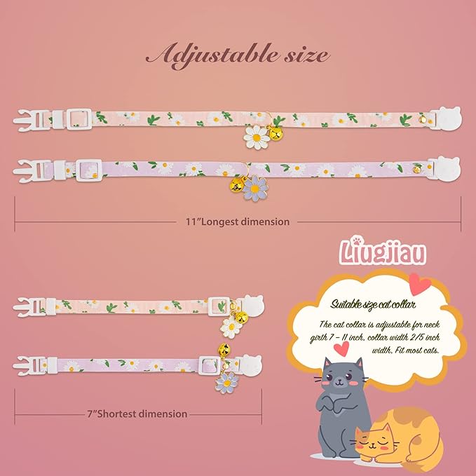 2 Pack Cotton Breakaway Cat Collar with Bell Pink&Purple Flowers Pendant Cute Kitten Cat Collar Suitable for Girls and Boys