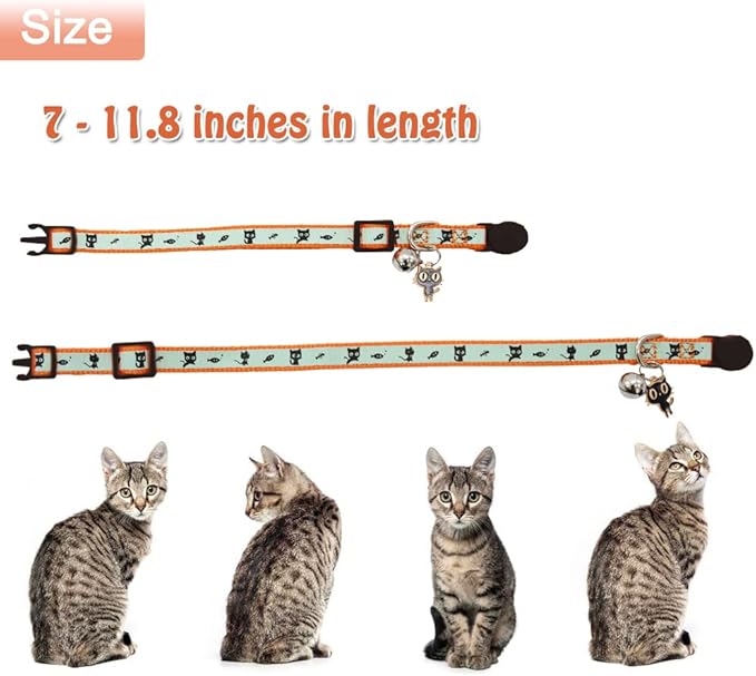 2 Pack Glow in The Dark Cat Collar with Bell Breakaway Safety Cat Puppy Collars with Pendant Orange and Blue