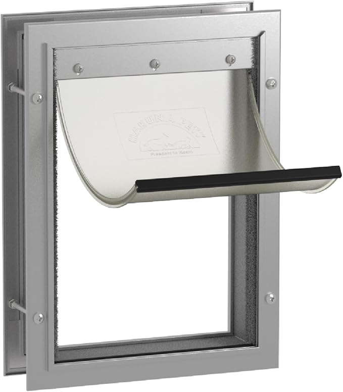 Hakuna Pets Deluxe Aluminum Pet, Cat and Dog Door with 2-Way Locking Panel for Screens, Doors and Walls up to 2.8" Thick, Medium, Silver