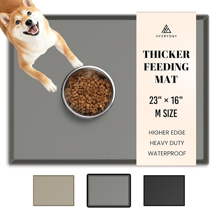 AVERYDAY 100% Waterproof Thicker Silicone Dog Food Mat, 0.63'' Raised Edge Bowl Mat for Food & Water, Non Slip Pet Feeding Placemat for Messy Drinkers, Perfect for Large Medium Small Breeds, 23"x16"