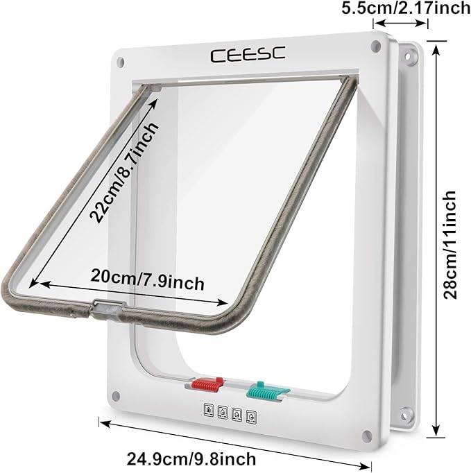 CEESC Extra Large Cat Door (Outer Size 11"x9.8"), Weatherproof, White, ABS Material, 4-Way Locking Flap for Cats & Dogs up to 25.54 lbs