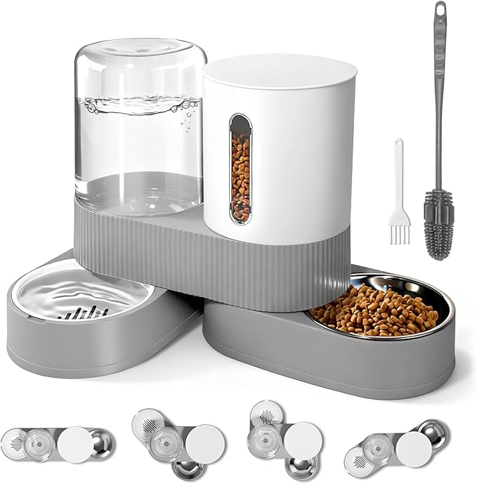 Automatic Gravity Cat Dog Feeder and Water Dispenser with 304 Stainless Steel Bowls 2 in 1 360 Degree Rotatable Auto 2.4L Dry Food and 2.6L Water Bowl for Small Medium Pet Dog Puppy Kitten (Gray)