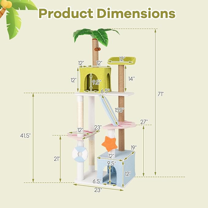 Tangkula 71 Inch Tall Cat Tree, Multi-Level Aesthetic Beach-Themed Cat Tower with Sisal & Jute Scratching Posts, 2 Cat Condos, Perch, Artificial Plant, Hanging Toys, Indoor Cat Activity Center