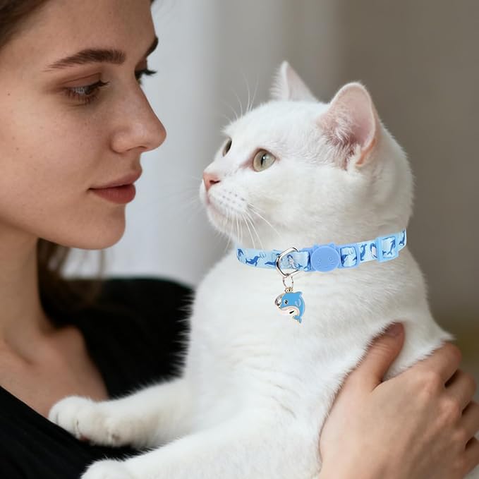 PUPTECK Breakaway Cute Cat Collar with Bell Charm, 2 Packs Adjustable Kitty Collars Animals Pattern, Blue&White, 7.8-11.8 in