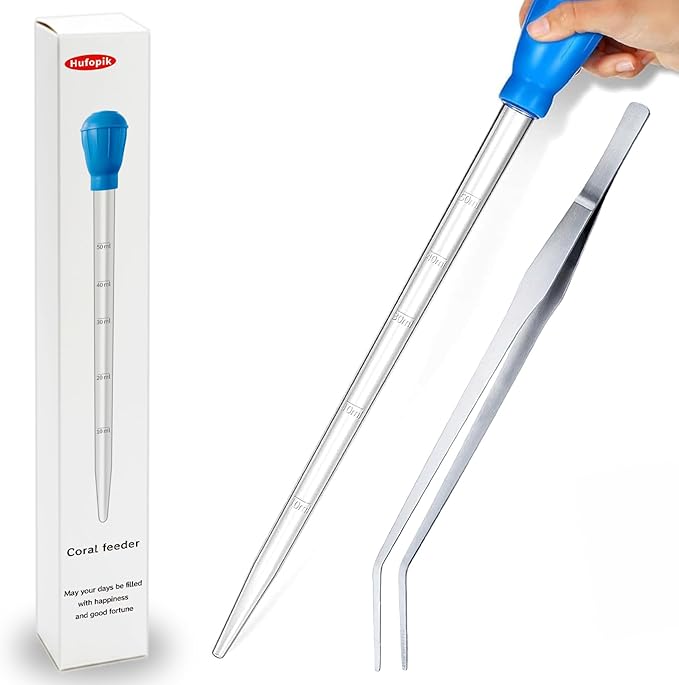 1 Piece Aquarium Coral Feeder with 1 Piece Stainless Steel Feeding Long Tweezers Syringe Spot Coral Feeder Reptile Feeding Tools for Aquatic Plant Reef Anemones Lionfish (Blue, Silvery)