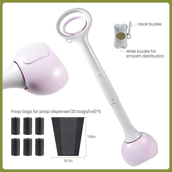 Dog Pooper Scooper Portable with Bag Attachment, One Handed Foldable Design, Includes 120 Waste Bags and Dispenser, 28 Inch Handle for Grass Yard Gravel Cleanup (Purple)